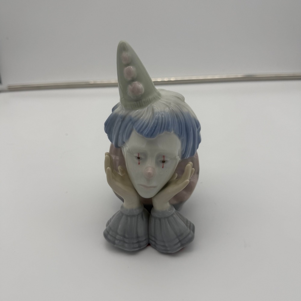 Meico Inc Handcrafted Porcelain Clown Figurine Muted Blue Grey Pink Glossy 5.5"